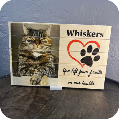 Pet Memorial Wood Photo Board - "Paw Prints on Our Hearts" (8×12)