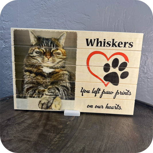 Pet Memorial Wood Photo Board - "Paw Prints on Our Hearts" (8×12)