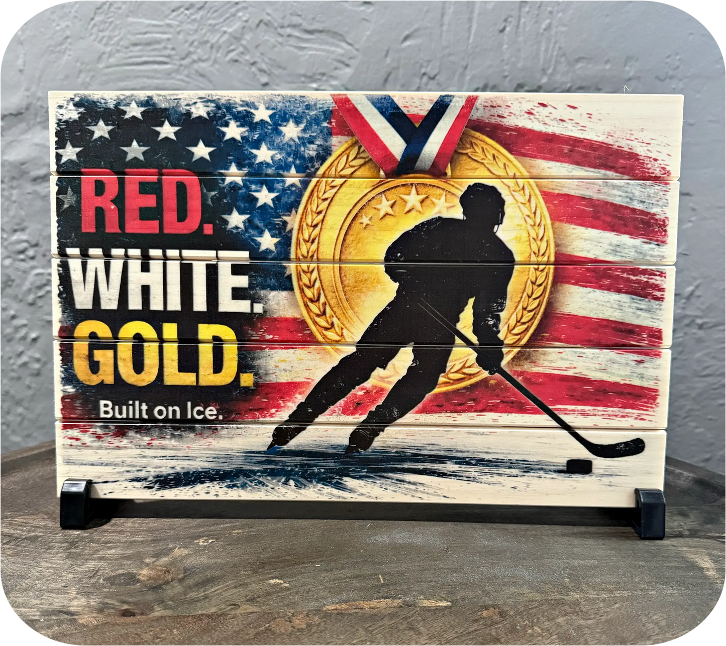 Red. White. Gold - USA Victory Gold Medal Wood Art (8x12)