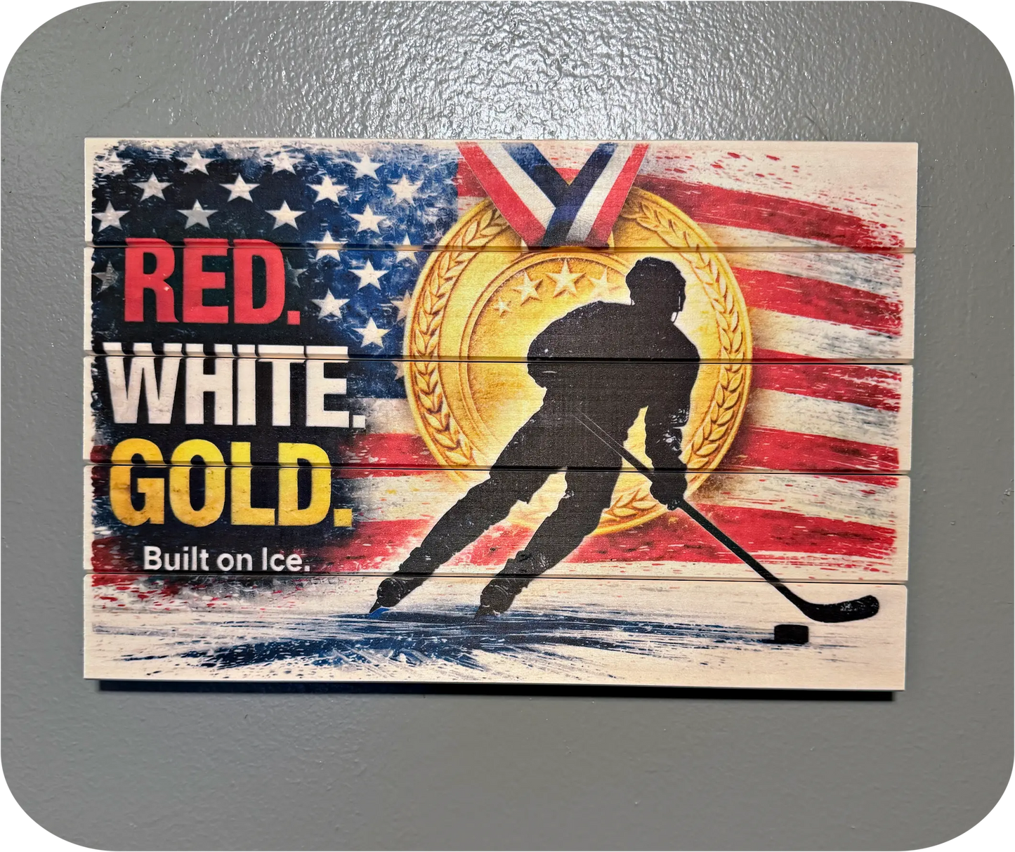 Red. White. Gold - USA Victory Gold Medal Wood Art (8x12)