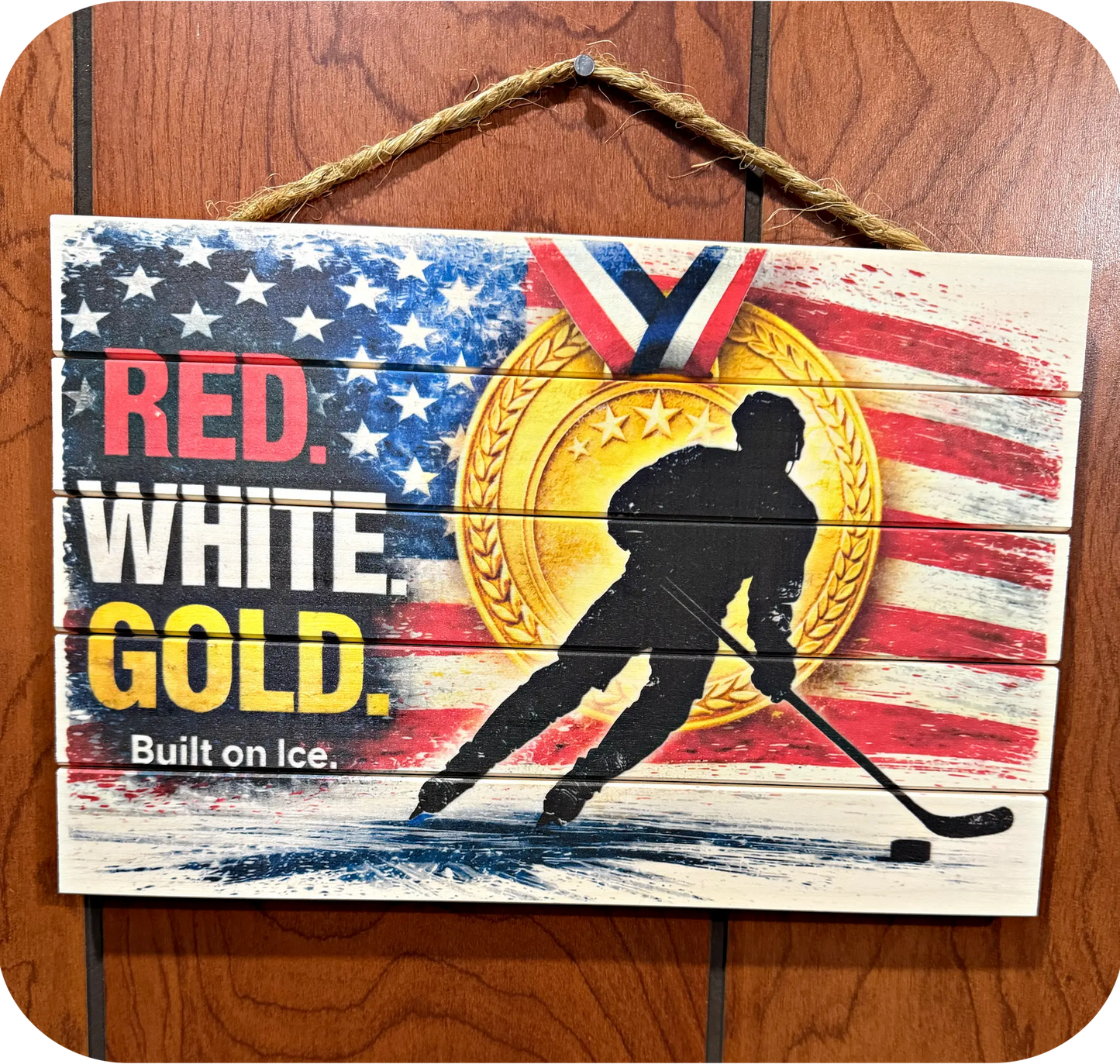 Red. White. Gold - USA Victory Gold Medal Wood Art (8x12)