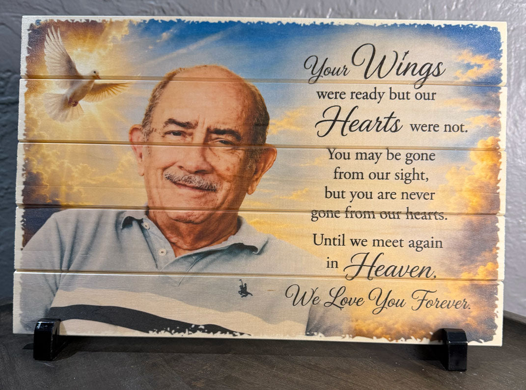 Memorial Wood Photo Board - Your Wings Were Ready (8x12)